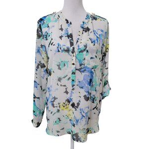 Apt. 9 White Black Blue Green Yellow V-Neck Pullover 1/2 Front Button Sheer Top